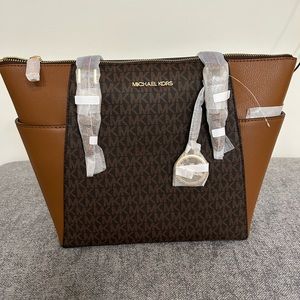 Michael Kors Charlotte Large Logo and Leather Top-Zip Tote Bag